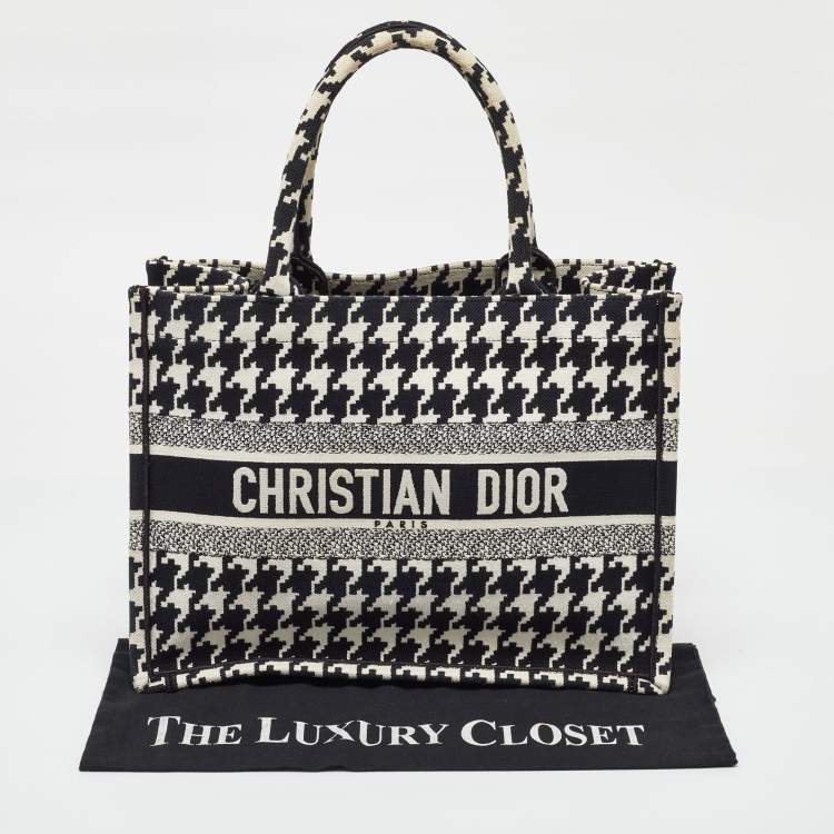 Pre Owned Dior Black/White Embroidered Macro Houndstooth Canvas Medium Book Tote