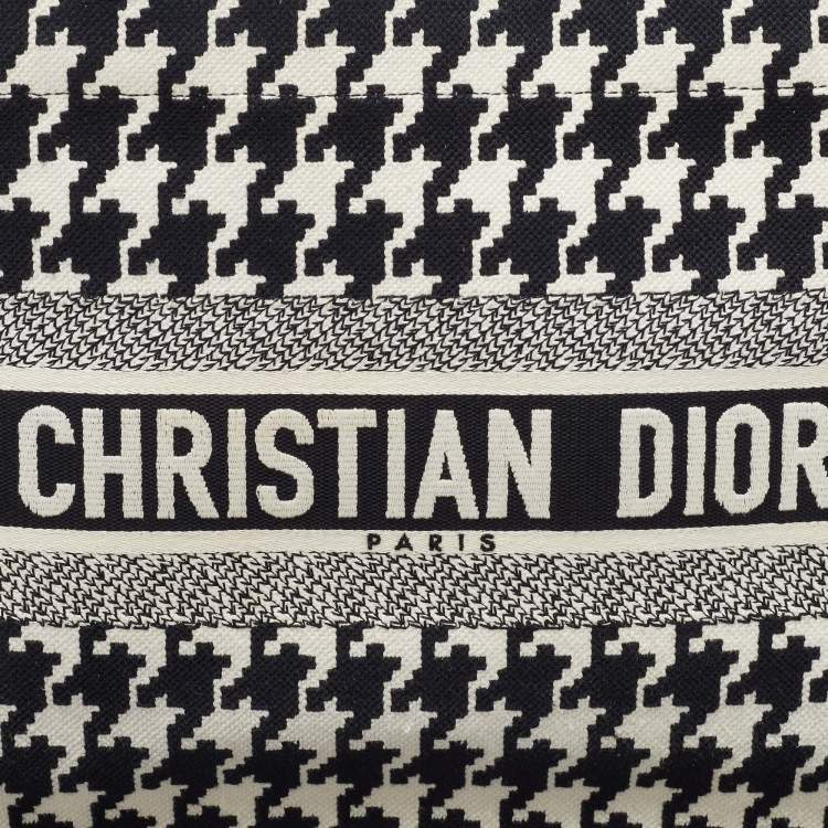 Pre Owned Dior Black/White Embroidered Macro Houndstooth Canvas Medium Book Tote