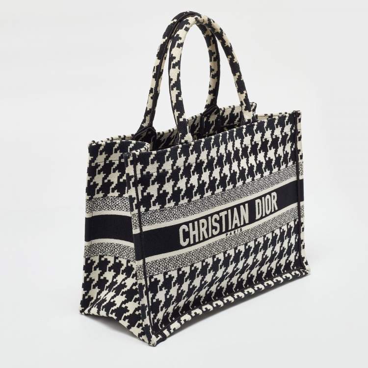 Pre Owned Dior Black/White Embroidered Macro Houndstooth Canvas Medium Book Tote