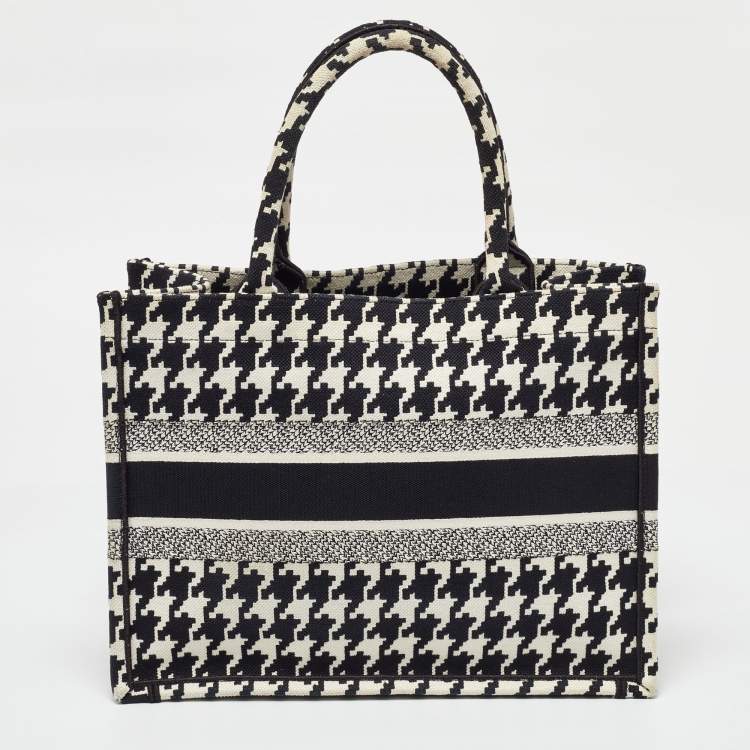 Pre Owned Dior Black/White Embroidered Macro Houndstooth Canvas Medium Book Tote