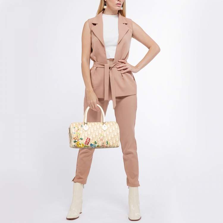 Pre Owned Dior Beige Diorissimo Coated Canvas Flower Embroidered Boston Bag