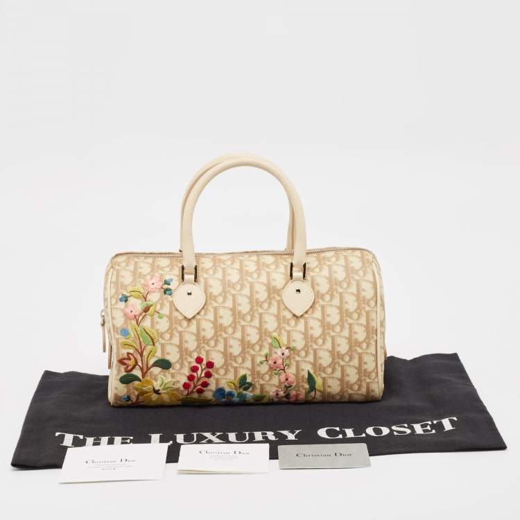 Pre Owned Dior Beige Diorissimo Coated Canvas Flower Embroidered Boston Bag