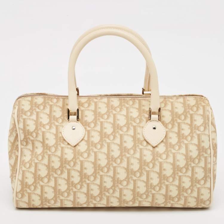 Pre Owned Dior Beige Diorissimo Coated Canvas Flower Embroidered Boston Bag
