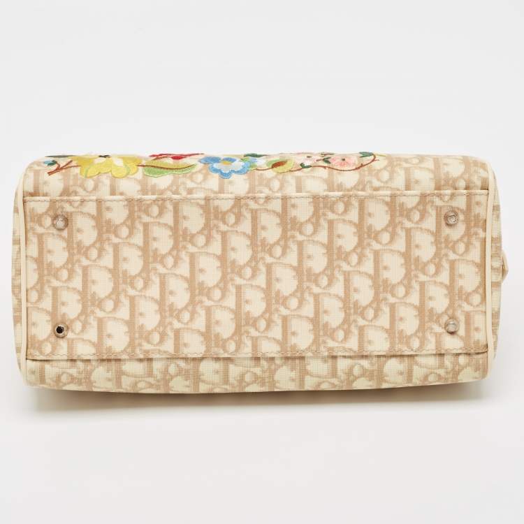 Pre Owned Dior Beige Diorissimo Coated Canvas Flower Embroidered Boston Bag