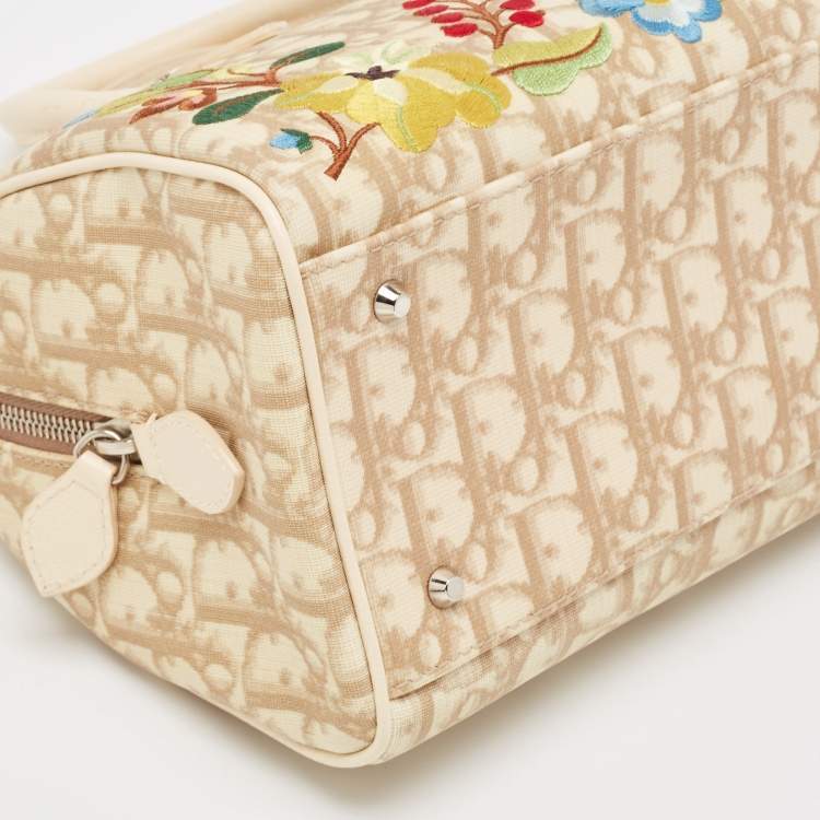 Pre Owned Dior Beige Diorissimo Coated Canvas Flower Embroidered Boston Bag