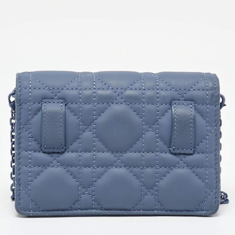 Pre Owned Dior Blue Matte Cannage Leather Wallet on Chain