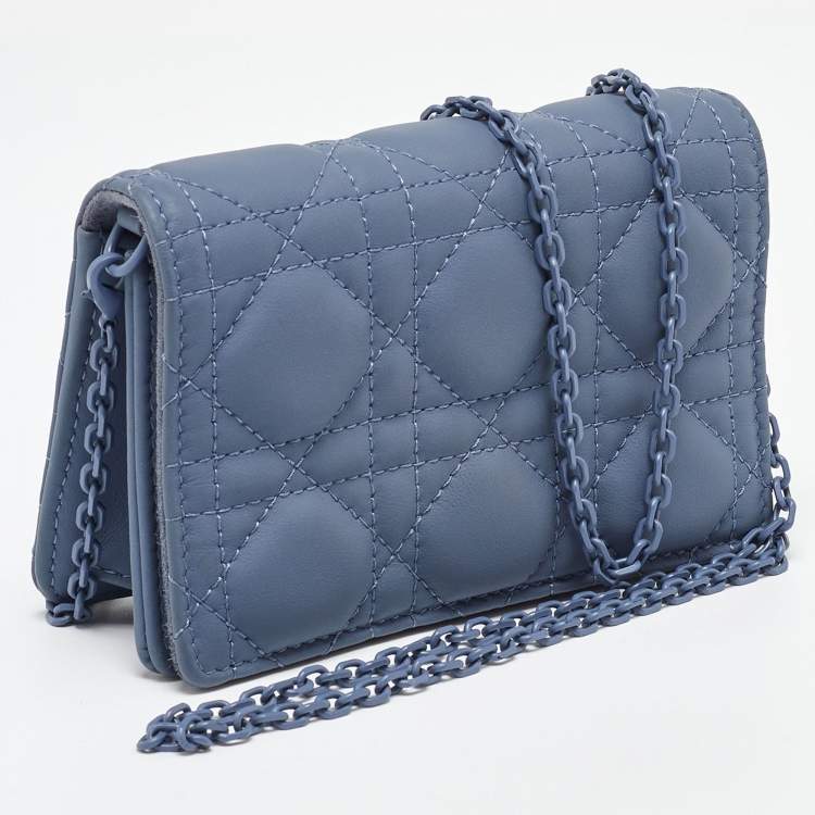 Pre Owned Dior Blue Matte Cannage Leather Wallet on Chain