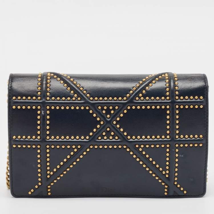 Pre Owned Dior Navy Blue Leather Leather Diorama Wallet On Chain