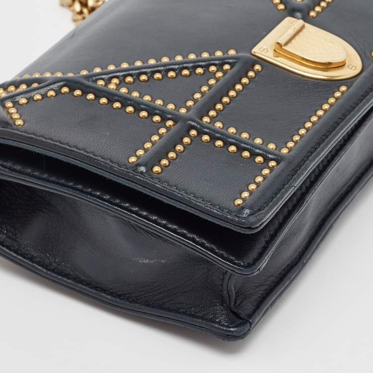 Pre Owned Dior Navy Blue Leather Leather Diorama Wallet On Chain