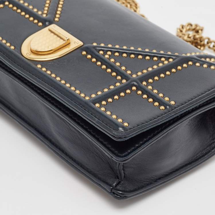 Pre Owned Dior Navy Blue Leather Leather Diorama Wallet On Chain