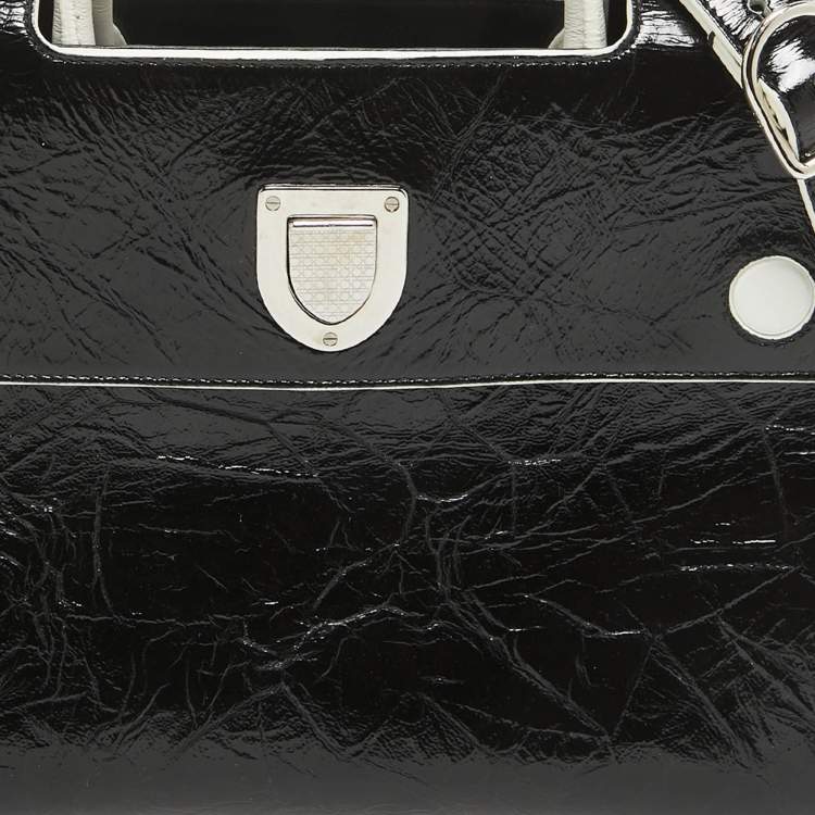 Pre Owned Dior Black/White Crinkled Patent Leather Medium Diorever Top Handle Bag