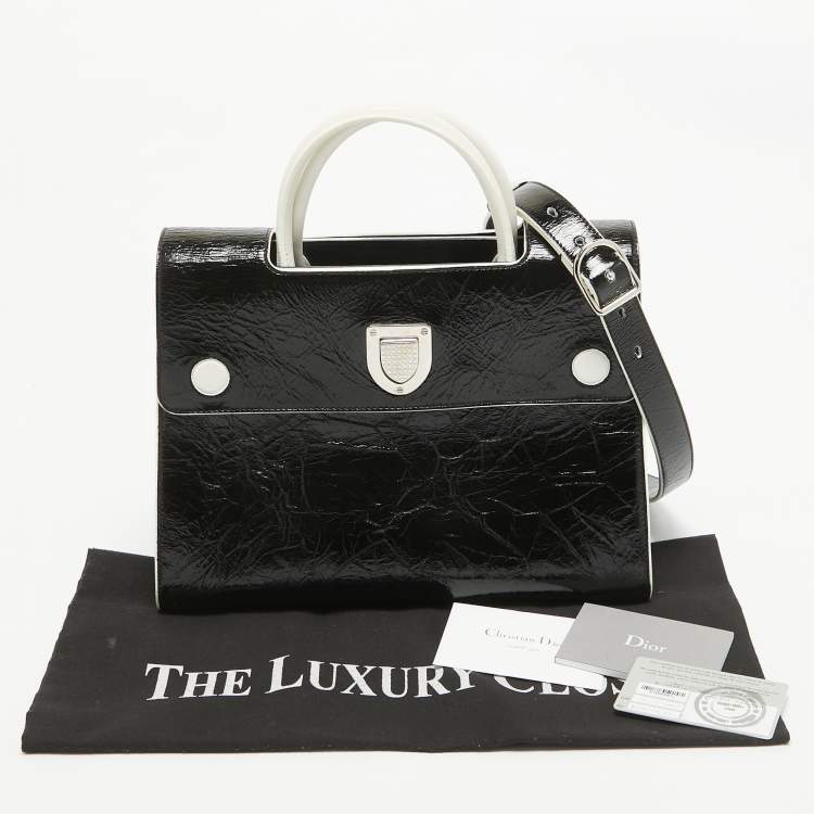 Pre Owned Dior Black/White Crinkled Patent Leather Medium Diorever Top Handle Bag
