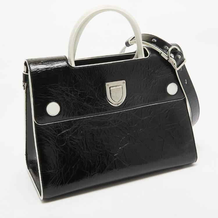 Pre Owned Dior Black/White Crinkled Patent Leather Medium Diorever Top Handle Bag