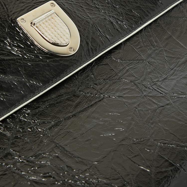 Pre Owned Dior Black/White Crinkled Patent Leather Medium Diorever Top Handle Bag