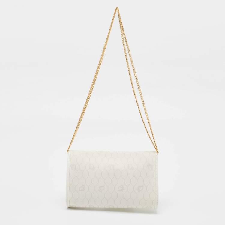 Pre Owned Dior White Honeycomb Monogram Coated Canvas and Leather Chain Clutch