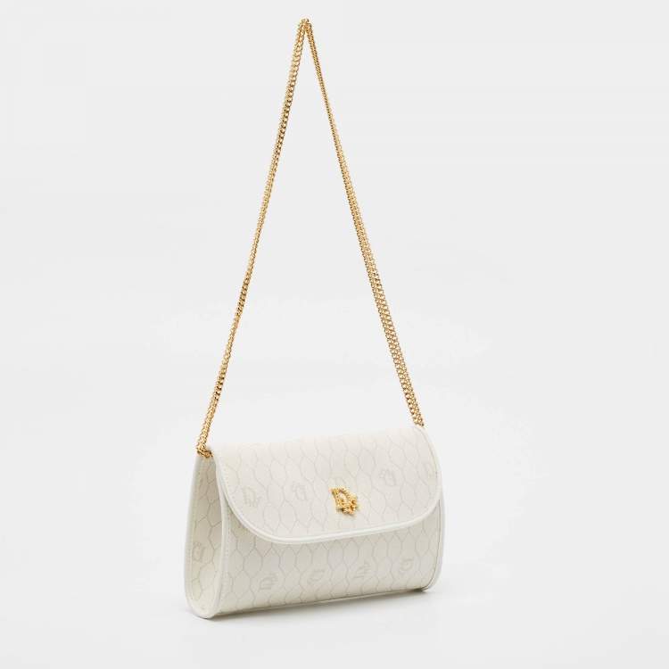 Pre Owned Dior White Honeycomb Monogram Coated Canvas and Leather Chain Clutch
