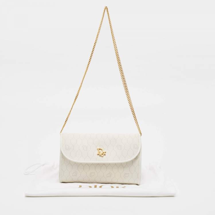 Pre Owned Dior White Honeycomb Monogram Coated Canvas and Leather Chain Clutch