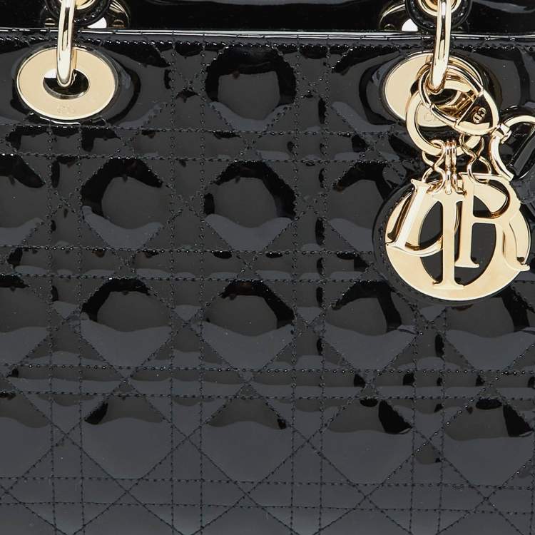 Pre Owned Dior Black Cannage Patent Leather Medium Lady Dior Tote