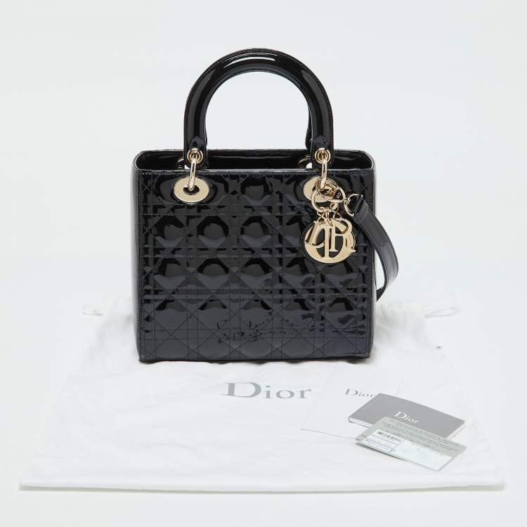 Pre Owned Dior Black Cannage Patent Leather Medium Lady Dior Tote