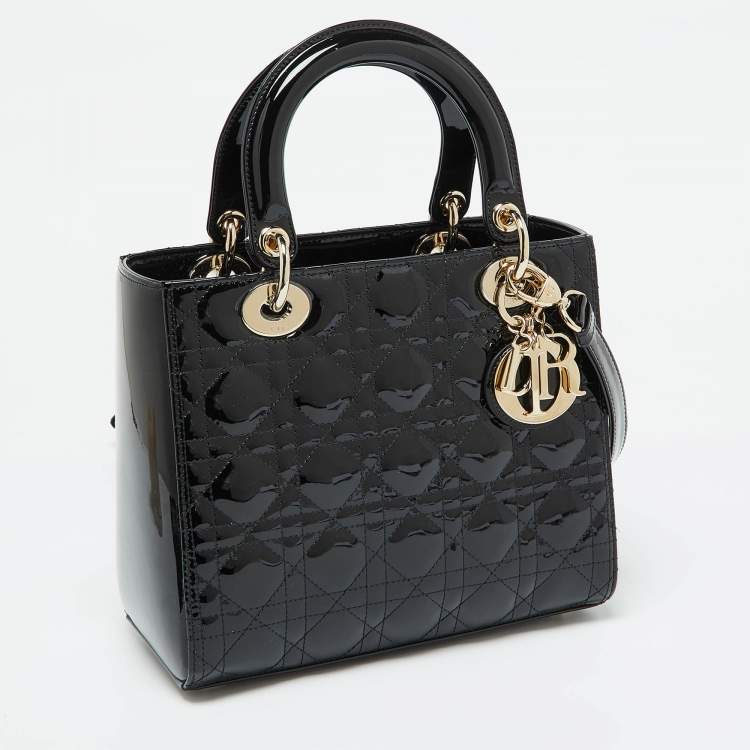 Pre Owned Dior Black Cannage Patent Leather Medium Lady Dior Tote