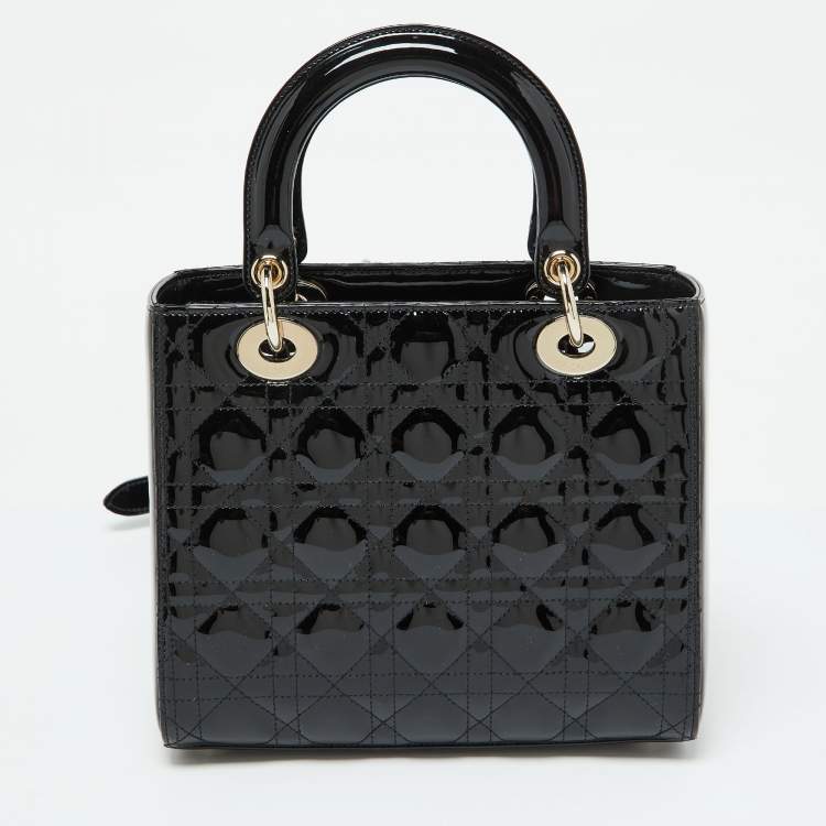 Pre Owned Dior Black Cannage Patent Leather Medium Lady Dior Tote