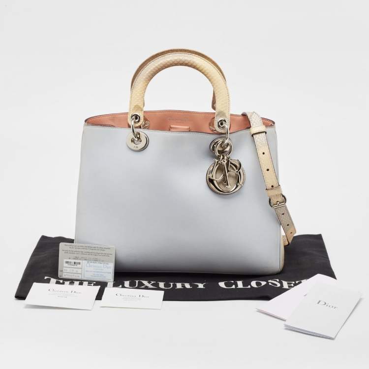 Pre Owned Dior Light Blue/Cream Leather and Python Medium Diorissimo Shopper Tote