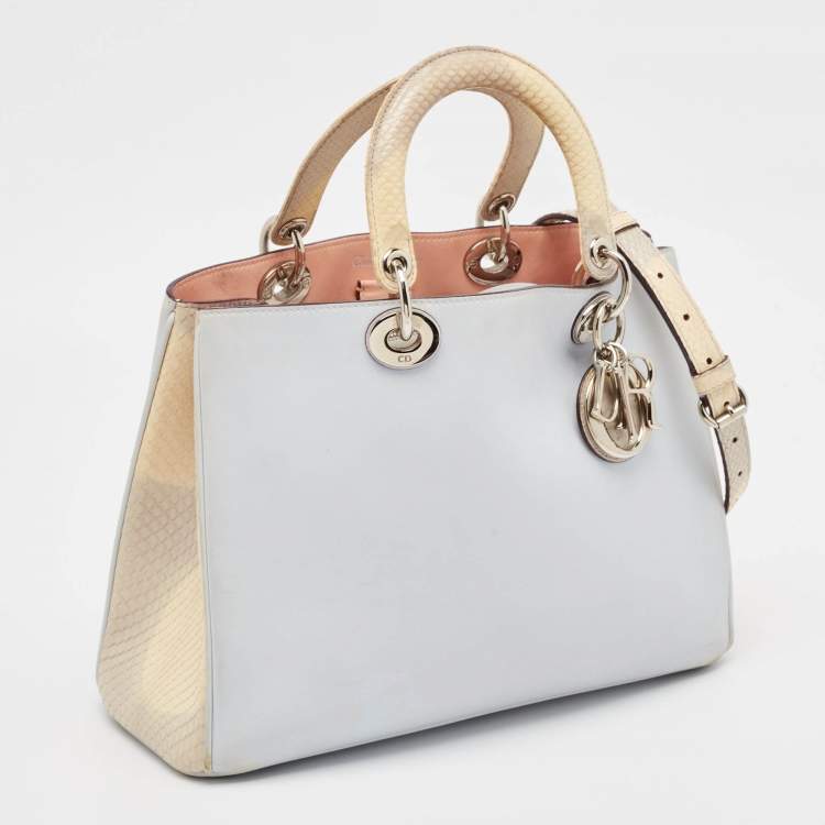 Pre Owned Dior Light Blue/Cream Leather and Python Medium Diorissimo Shopper Tote