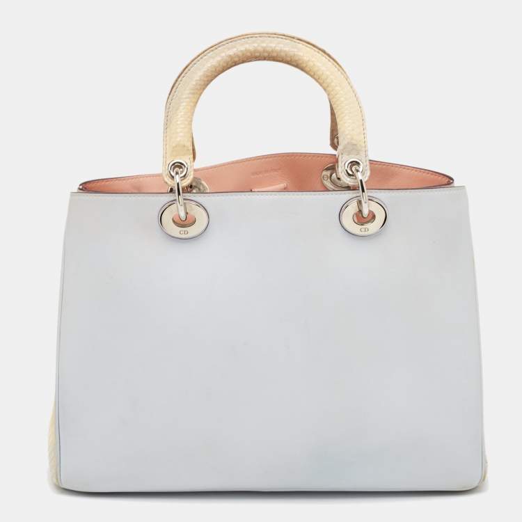 Pre Owned Dior Light Blue/Cream Leather and Python Medium Diorissimo Shopper Tote