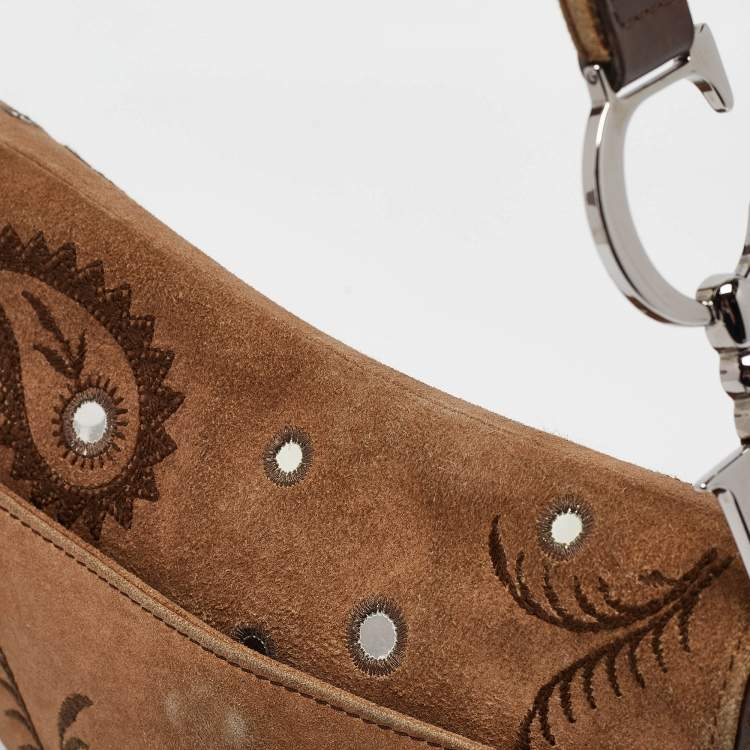 Pre Owned Dior Brown Embroidered Suede and Leather Limited Edition 0167 Embellished Saddle Bag
