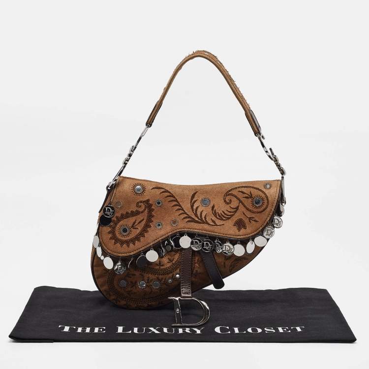 Pre Owned Dior Brown Embroidered Suede and Leather Limited Edition 0167 Embellished Saddle Bag