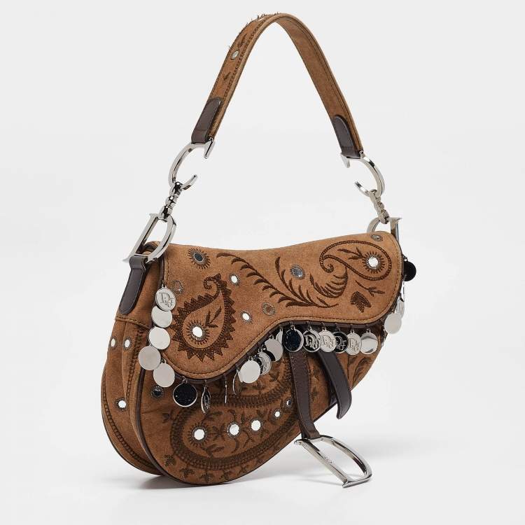 Pre Owned Dior Brown Embroidered Suede and Leather Limited Edition 0167 Embellished Saddle Bag