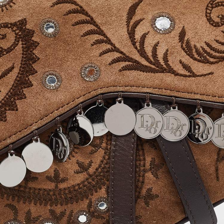 Pre Owned Dior Brown Embroidered Suede and Leather Limited Edition 0167 Embellished Saddle Bag