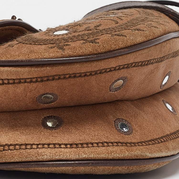 Pre Owned Dior Brown Embroidered Suede and Leather Limited Edition 0167 Embellished Saddle Bag