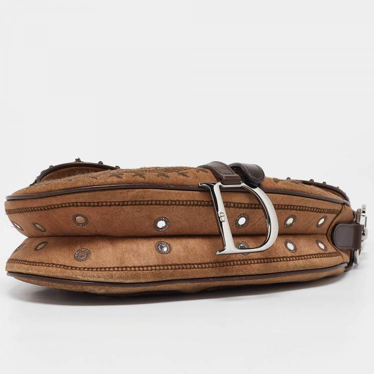 Pre Owned Dior Brown Embroidered Suede and Leather Limited Edition 0167 Embellished Saddle Bag