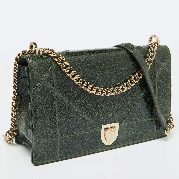 Pre Owned Dior Green Crackle Leather Large Diorama Flap Shoulder Bag