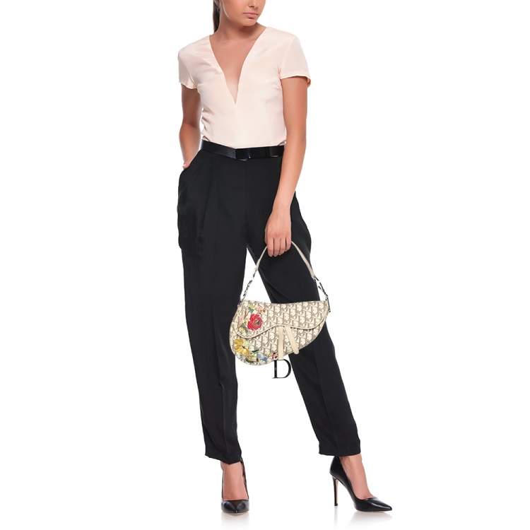 Pre Owned Dior Beige/White Oblique Canvas and Leather Floral Embroidered Saddle Shoulder Bag