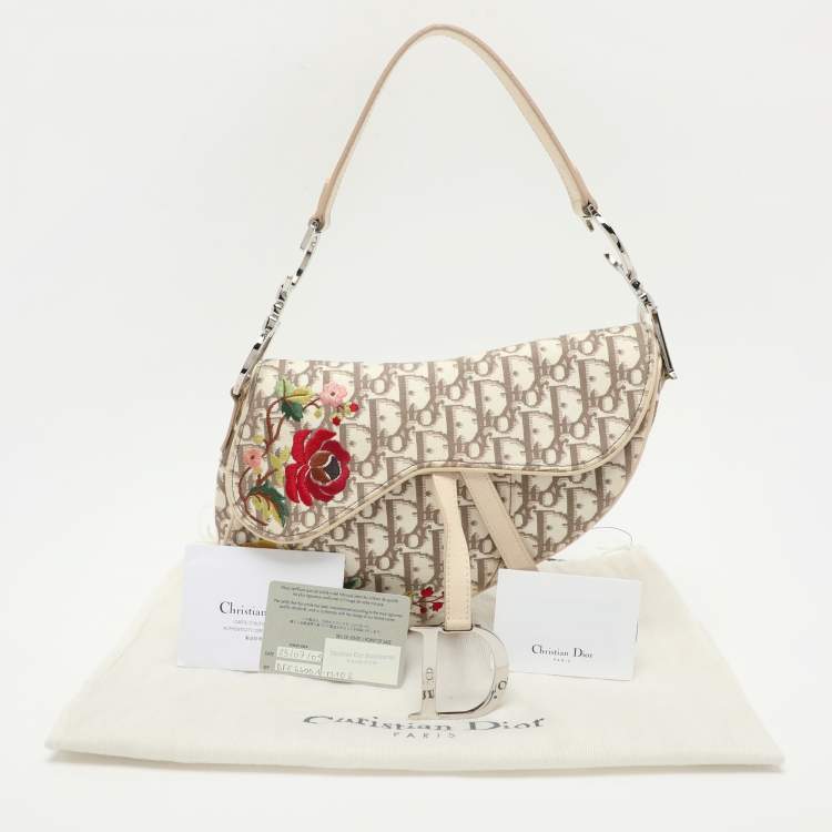 Pre Owned Dior Beige/White Oblique Canvas and Leather Floral Embroidered Saddle Shoulder Bag