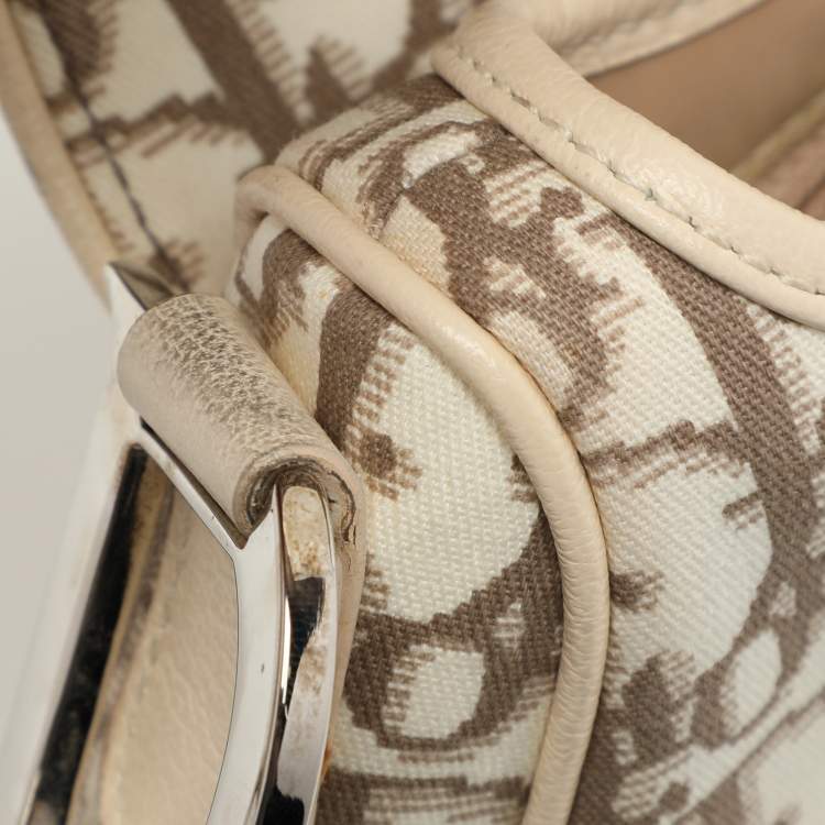 Pre Owned Dior Beige/White Oblique Canvas and Leather Floral Embroidered Saddle Shoulder Bag