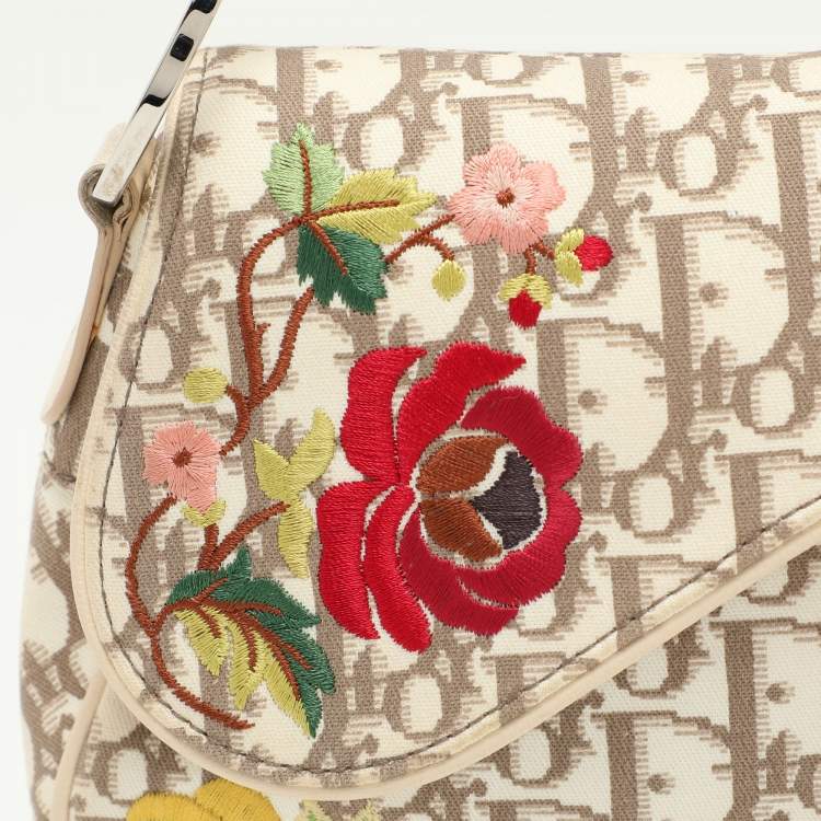 Pre Owned Dior Beige/White Oblique Canvas and Leather Floral Embroidered Saddle Shoulder Bag