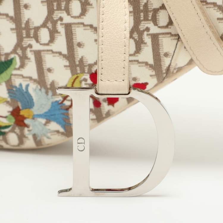 Pre Owned Dior Beige/White Oblique Canvas and Leather Floral Embroidered Saddle Shoulder Bag