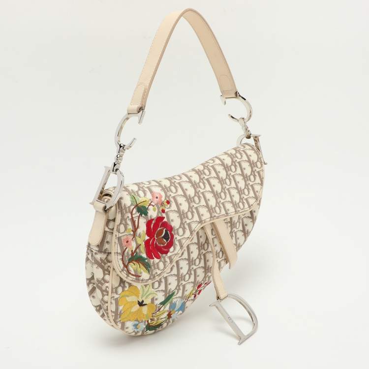 Pre Owned Dior Beige/White Oblique Canvas and Leather Floral Embroidered Saddle Shoulder Bag