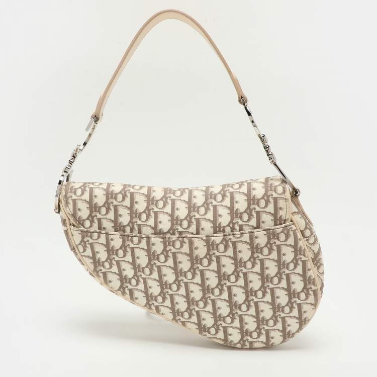 Pre Owned Dior Beige/White Oblique Canvas and Leather Floral Embroidered Saddle Shoulder Bag
