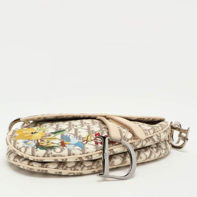 Pre Owned Dior Beige/White Oblique Canvas and Leather Floral Embroidered Saddle Shoulder Bag