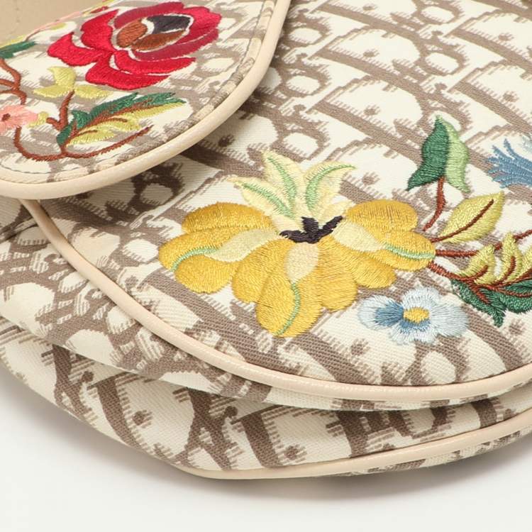 Pre Owned Dior Beige/White Oblique Canvas and Leather Floral Embroidered Saddle Shoulder Bag