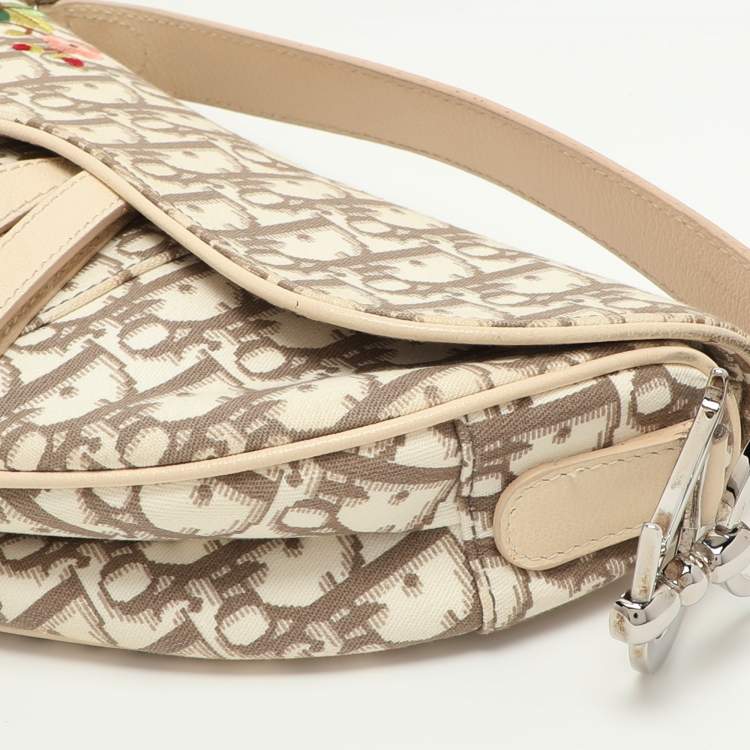 Pre Owned Dior Beige/White Oblique Canvas and Leather Floral Embroidered Saddle Shoulder Bag