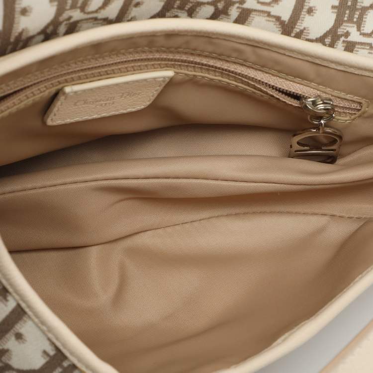 Pre Owned Dior Beige/White Oblique Canvas and Leather Floral Embroidered Saddle Shoulder Bag