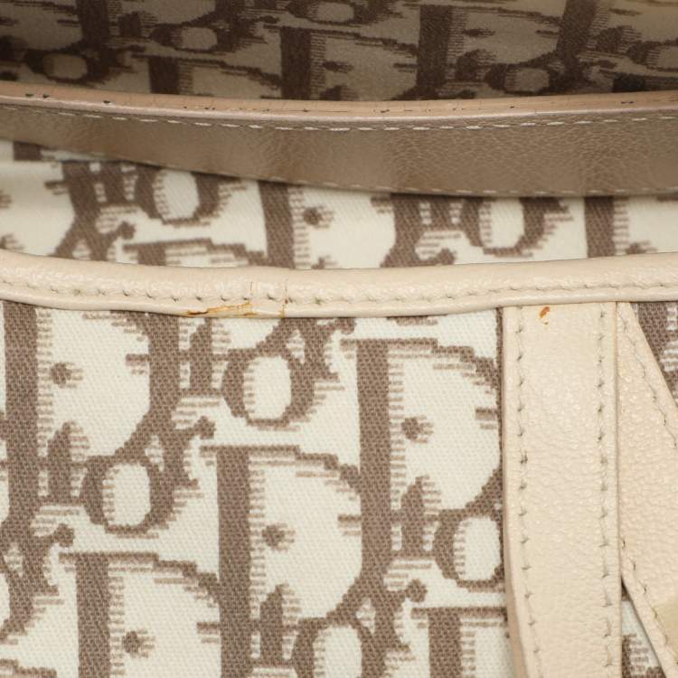 Pre Owned Dior Beige/White Oblique Canvas and Leather Floral Embroidered Saddle Shoulder Bag