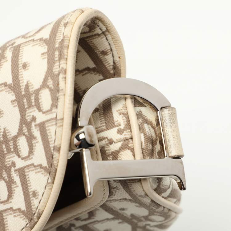 Pre Owned Dior Beige/White Oblique Canvas and Leather Floral Embroidered Saddle Shoulder Bag