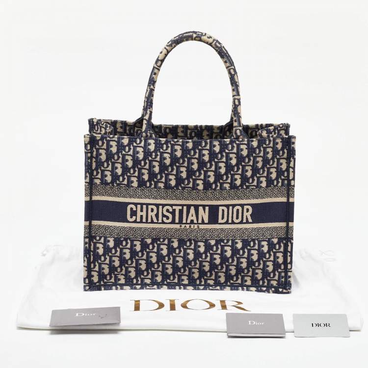 Pre Owned Dior Navy Blue Oblique Embroidered Canvas Medium Book Tote
