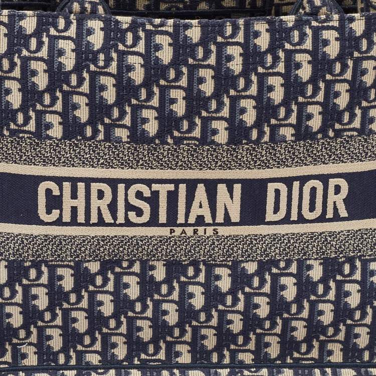 Pre Owned Dior Navy Blue Oblique Embroidered Canvas Medium Book Tote